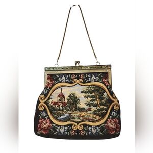 Vintage Needlepoint Tapestry Scenic Evening Handbag - Black, Gold Accents